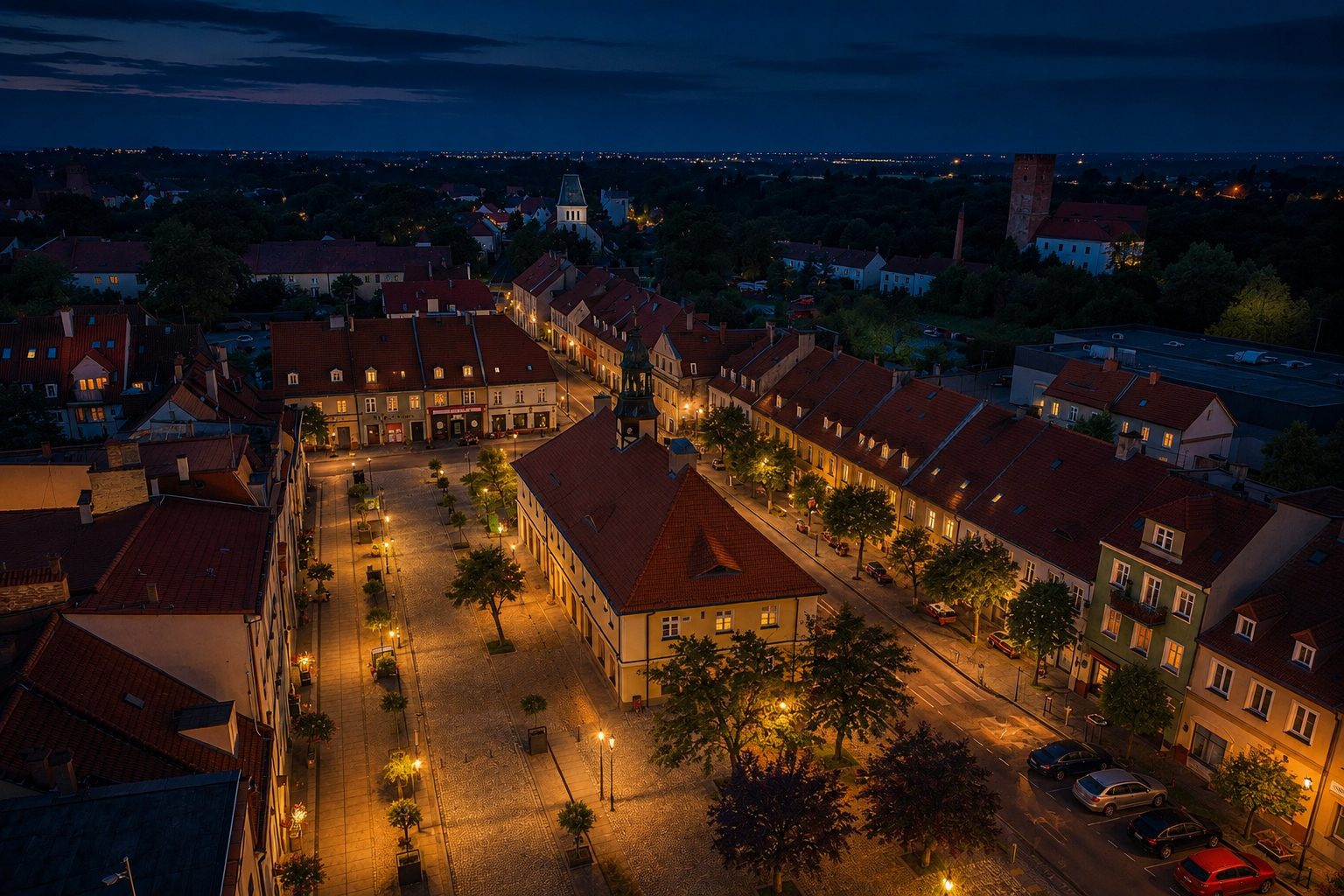 Prochowice o zmierzchu - rynek i ratusz